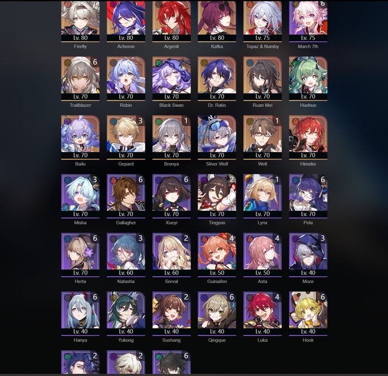 [Eu] TL70 - Firefly,Acheron,Argenti,Kafka,Topaz,Robin,Black Swan,Ruan Mei,Huohuo,Bailu,Silver Wolf,Himeko,Bronya(C1),Welt(E1),Gepard(E3)