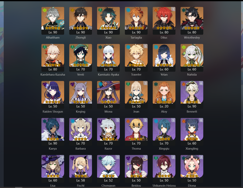 [Asia] AR56 - Alhaitham,Zhongli,Xiao,Tartaglia,Wriothesley,Kazuha,Venti,Ayaka,Yelan,Nahida,Raiden Shogun,Keqing,Mona,Diluc(C1),Jean(C3)