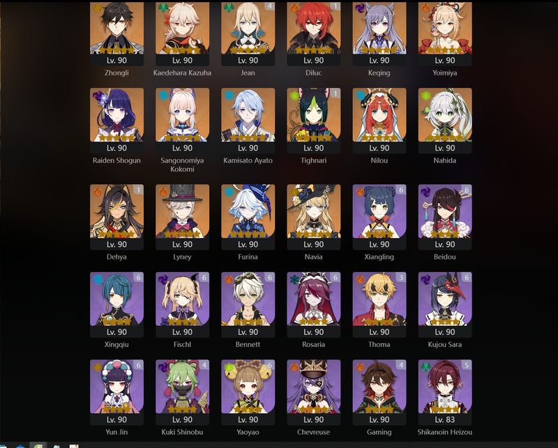 [Asia] AR60 - Ayaka, Hu Tao, Zhongli, Kazuha, Keqing, Yoimiya, Raiden Shogun, Kokomi, Ayato, Nilou, Nahida, Lyney, Furina, Navia, Arlechino, Xiao(C1), Shenhe(C1), Yelan(C1), Diluc(C1), Dehya(C1), Mona(C1), Qiqi(C1), Xianyun(C2), Jean(C4)