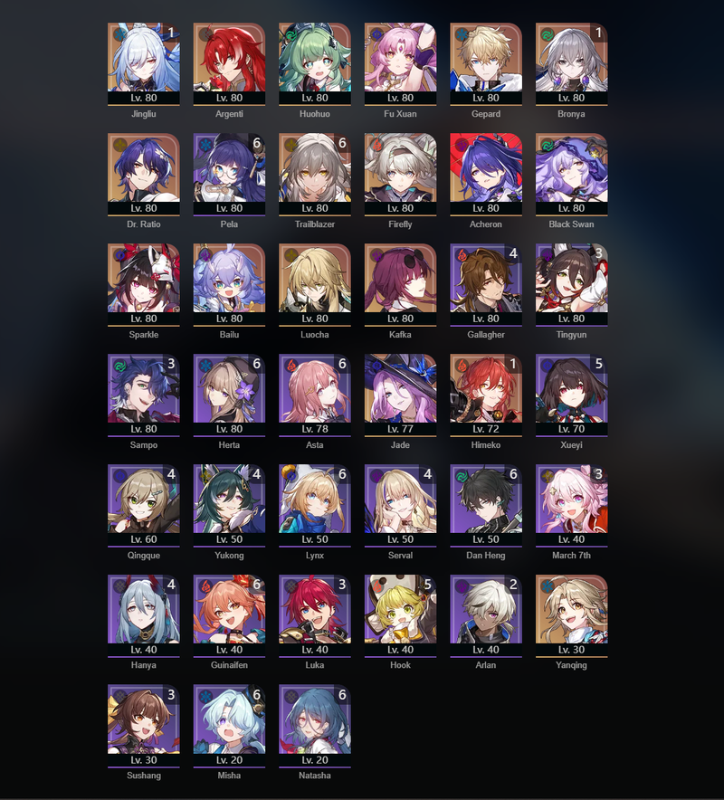 [Asia] TL70 - Argenti,Huohuo,Fu Xuan,Firefly,Acheron,Black Swan,Sparkle,Luocha,Kafka,Jade,Yanqing,Jingliu(E1),Bronya(E1),Himeko(E1)