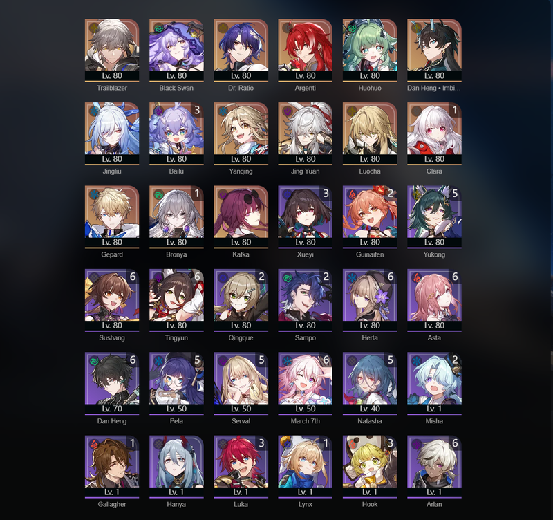 [Eu] TL70 - Black Swan,Argenti,Huohuo,Danheng,Jingliu,Yanqing,Jing Yuan,Luocha,Gepard,Kafka,Clara(E1),Bronya(E1),Bailu(E3)