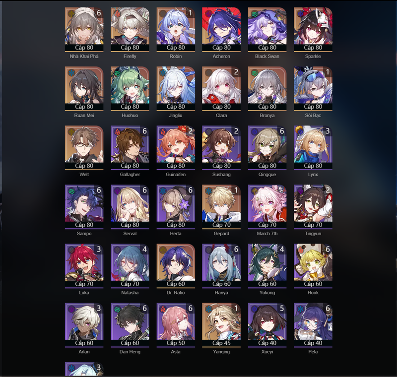 [Asia] TL70 - Firefly,Acheron,Sparkle,Ruan Mei,Huohuo,Jinhliu,Bronya,Welt,Robin(E1),Silver Wolf(E1),Gepard(E1),Yanqing(E1),Clara(E2)