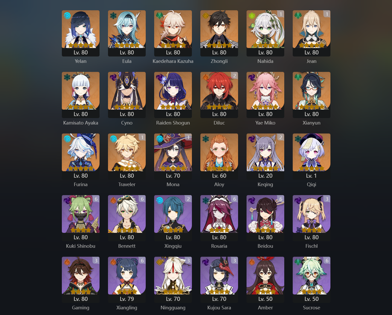 [America] AR57 - Yelan,Eula,Kazuha,Zhongli,Ayaka,Cyno,Raiden Shogun,Miko,Xianyun,Furina,Qiqi,Nahida(c1),Jean(C1),Mona(C1),Diluc(C2),Keqing(C2)