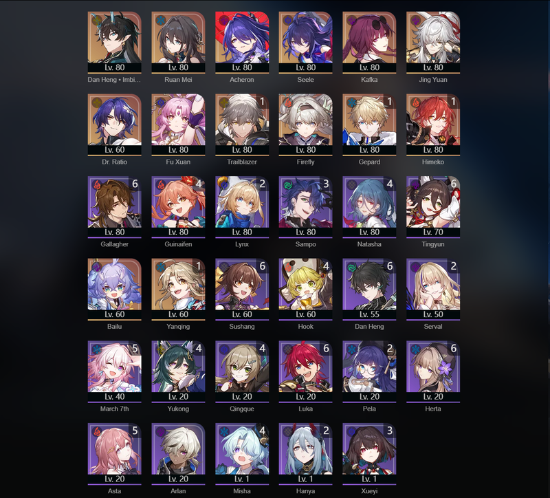 [Eu] TL70 - Dan Hend,Ruan Mei,Acheron,Seele,Kafka,Jing Yuan,Fu Xuan,Firefly,Bailu,Gepard(E1),Himeko(E1),Yanqing(E1)