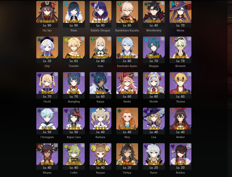 [America] AR56 - Hu Tao, Yelan, Raden Shogun, Kazuha, Mona, Qiqi, Ayato, Dehya, Wriothesley(C1), Jean(C1)