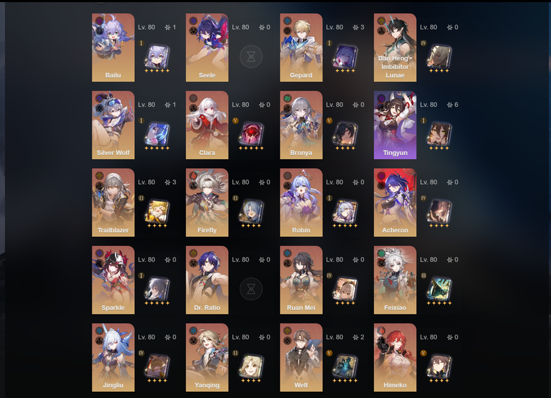 [America] TL70 - Seele,Dan Heng,Clara,Bronya,Firefly,Robin,Acheron,Sparkle,Ruan Mei,Feixiao,Jingliu,Himeko,Yanqing,Bailu(E1),Silver Wolf(E1),Welt(E2),Gepard(E3)